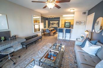 Wood Plank Inspired Flooring in Living Room and Kitchen